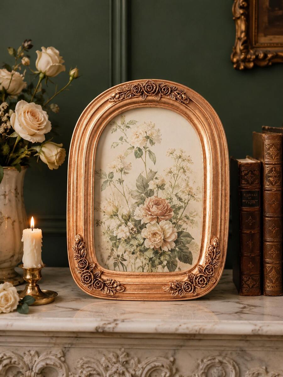 1 Peça Porta-Retrato Oval Vintage em Ouro Rosado, Moldura de Foto Barroca Ornamentada com Flores em Resina, Suporte de Foto Antigo Vitoriano para Mesa, Casamento, Retrato de Família, Penteadeira, Estante, Escrivaninha, Decoração de Sala de Estar e Quarto, Presente de Inauguração de Casa Estilo Francês - A - Visão 1