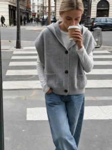 Women's Autumn Hooded Knit Cardigan Vest, Casual Slouchy Jacket, Minimalist Versatile Top - Grey - View 2
