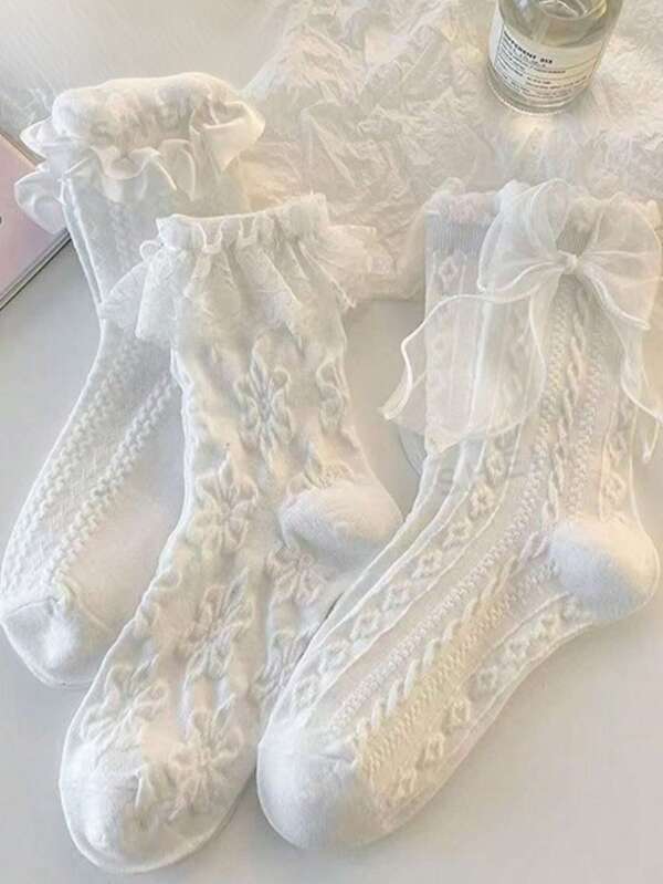 2 Pairs/4 Pairs Women's Lace Trim Mid-Calf Socks, Preppy Casual Socks, Home & Travel Socks, Randomly Sent