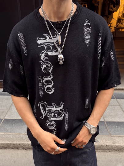 ANDREILEE Men's Unisex Knitted Top Street Casual Distressed Fringe Hollow Out Semi-Sheer Crew Neck Short Sleeve Loose Pullover T-Shirt Spring Summer
