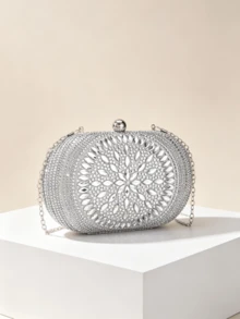1件 NOCTURNE BAG2025 新款银色亮片双面水钻装饰手提包、托特包、手拿包，配金属链条肩带，优雅时尚，适合晚宴、婚礼、舞会等场合，女士礼物 - 銀色 - 查看 2