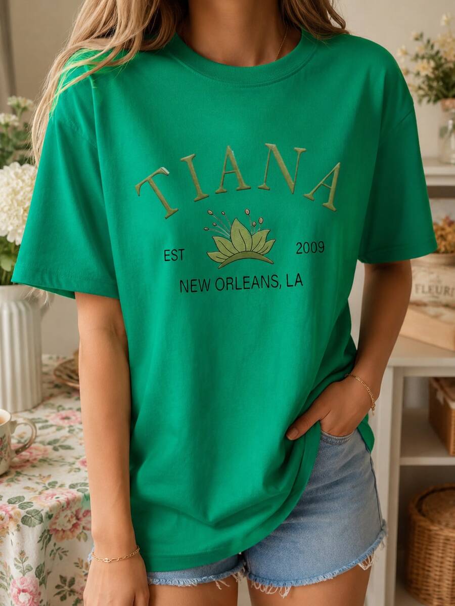 Women's Green Cotton Short Sleeve T-Shirt With Round Neck, Casual Loose Fit Top Perfect For Summer Travel - 綠色 - 查看 1