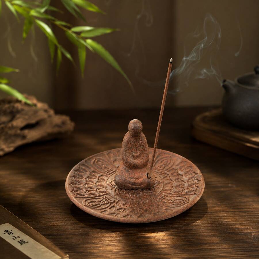 Vintage Coarse Ceramic Embossed Lotus Buddha Incense Holder, New Chinese Zen Meditation Monk Incense Tray, Home Tea Room Quiet Incense Burner, Wabi-Sabi Style Desktop Tea Table Aromatherapy Decor, Entryway Living Room Chinese Style Decorative Craft, Home Incense Storage Tray, Elegant Holiday Gift For Elders And Friends, Creative Gift - 1pc Zazen Incense Burner + Ceramic + 100g + 9.5*6cm - View 1