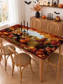 1pc Autumn Harvest Pastoral Halloween Decor Elastic Tablecloth, Rectangular Fitted Dining Table Cover, Suitable For Family Gatherings, Autumn Parties, Kitchen Dining Room And Thanksgiving Decoration - Multicolor - View 6