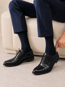 Business Men's Socks Solid Navy Blue Mid-Calf Socks Ribbed Cuff Design Soft Elastic Cotton Material Sweat-Absorbent Breathable Business Socks Suitable For Commuting And Office - Multicolor - View 3