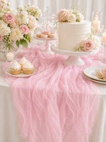 Pink Layered Gauze Table Runner, Soft Semi-Transparent Cheesecloth With Vertical Pleats, Lightweight Semi-Transparent Tablecloth, Romantic Draping Decorative Centerpiece Cloth, Suitable For Dining Table And Home Decor - Pink - View 4