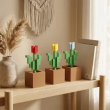 ديكور مكتب بيكسل توليب، أصيص زهور مربع من البلاستيك، زينة نباتات بأسلوب كتل بناء لطيفة، مناسب لمكتب العمل، رف الكتب، ديكور المنزل، 6.3 بوصة - A - مشاهدة 4