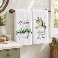 2件組綠色植物圖案裝飾手巾，印有 Breathe & Relax 英文文字，適用於浴室、廚房、客房浴室與居家裝飾 - 彩色 - 查看 2