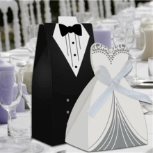 2 Set (Masing-masing 50 pcs) Gaun Pesta Pernikahan, Jas Ekor, Pengantin Wanita, dan Kotak Permen - Hitam dan Putih - View 6