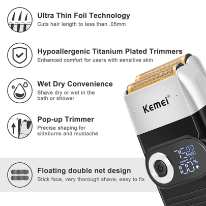 Kemei KM-2026 Alat Cukur Listrik Pria dengan Pemangkas Pop-Up, Sempurna untuk Mencukur Rambut dan Wajah | Alat Cukur Listrik Isi Ulang, Daya Tahan Baterai 120 Menit, dengan Layar LED, Cocok untuk Penggunaan Basah dan Kering