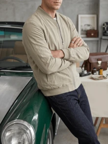 Mercer Haus Men's Slim Fit Solid Color Zipper Jacket, Casual Lightweight Linen Blend Bomber Jacket - Khaki - View 5