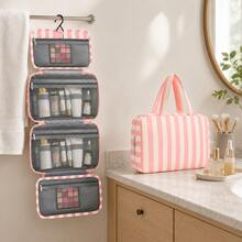 Tas Perlengkapan Mandi Lipat Bergaris yang Dipersonalisasi dengan Gantungan, Tas Kosmetik Portabel Multi-Kompartemen Kapasitas Besar, Hadiah Ideal - MultiWarna - View 10