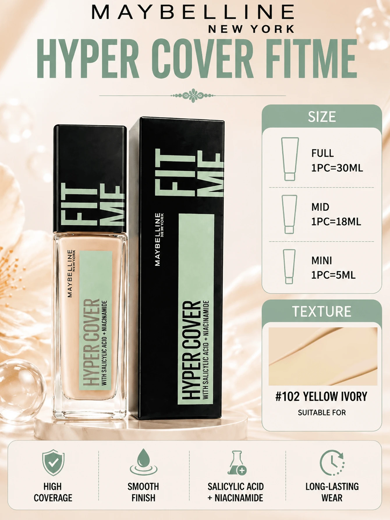 Maybelline 美寶琳客製化粉底液完美版 102，正裝 30ml、中容量 18ml、試用裝 5ml，輕盈貼膚質地，高遮瑕，持久妝效，黃白色