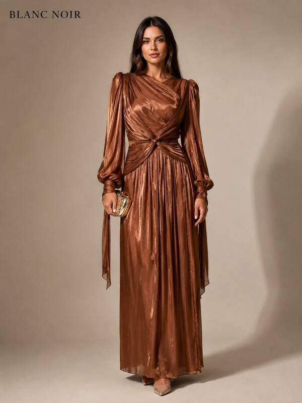 Copper Brown Elegant Satin Draped Maxi Dress Women Ruched Waist Long Sleeve Evening Party Gown