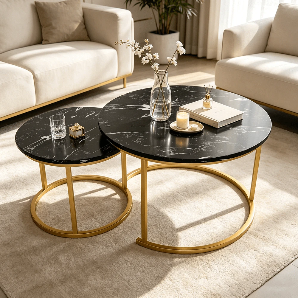 Round Coffee Table Nesting Table Set Of 2, Side Table With 1X Mobile Phone Holder For Living Room, Multi-Functional Side Table, Metal Frame With Wood Sofa Table, Stacking Side Table For Bedroom, Balcony - Black - View 1
