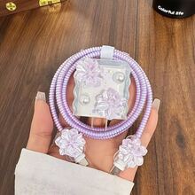 5pcs Flower/Cherry/Data Cable Protector 20W Apple 15 Pro Max Fast Charging 14 13 Soft Shell 12 Charger 11, Best Gift Choice For Friends - Purple - View 5