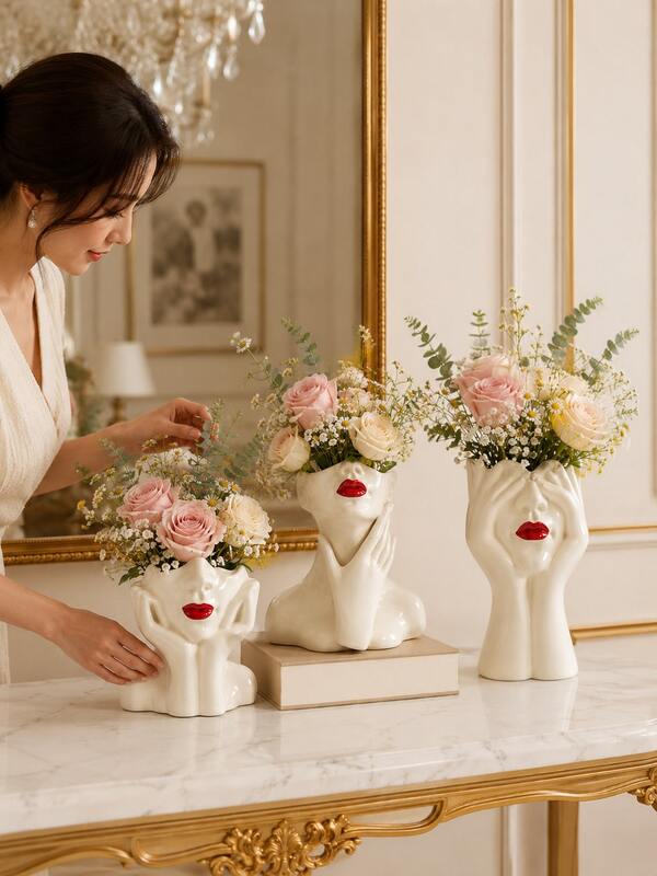 1pc Resin Face Vase With Red Lips, 3 Styles Available, Abstract Woman Bust & Hand Sculpture Flower Vase, Nordic French Cream White Home Decor, Artistic Table Centerpiece For Living Room, Bedroom, Office, Shelf, Wedding & Housewarming Gift