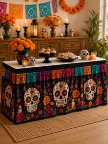 1pc Day Of The Dead Table Skirt, Black Background With Colorful Sugar Skull, Marigold And Paper Cutout Patterns, Elastic Edge Full Coverage Tablecloth Decoration, Suitable For Dessert Table, Day Of The Dead Party, Halloween Decoration, Room Decoration And Home Decor - Multicolor - View 1