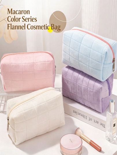1pc Plush Plaid Makeup Bag, Large Zipper Travel Toiletry Bag, Multi-Functional Storage Bag, Can Be Used As Pencil Case, Suitable For Home Storage, Outdoor Travel, Bathroom And Bedroom Organization, Large Capacity