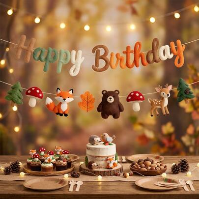 1set 2D Felt Happy Birthday Banner,Jungle Forest Animal Hanging Garland,Party Supplies,Birthday Banner,Wall Decor,Room Decor,Outdoor Decor,Suitable For Birthday Party Scene Layout