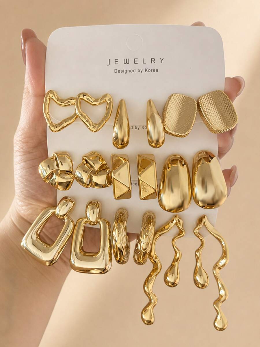 6-18pcs/Set Fashion Creative Heart, Water Drop, Asymmetric Wave, Geometric Polygon Women's Gold Earrings Set, Elegant Versatile, Suitable For Daily Wear - Yellow Gold - View 1