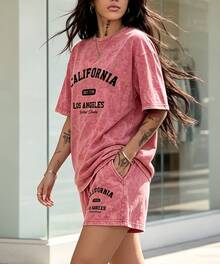 Loose-Fit Print 2pcs Set,Vintage Style T-Shirt+Matching Shorts Set,Y2K Streetwear Women's Clothing-Vacation Outfits Women's Washed Two-Piece Set - 紅色 - 查看 5