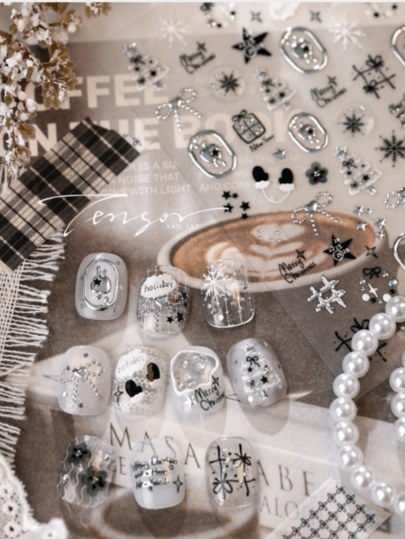 1 Piece Christmas Luxury Manicure Sticker, Black And Silver Christmas Manicure Charm Decal, Snowflake Bow Star Tree Holiday Self-Adhesive Manicure Art Decoration Sticker