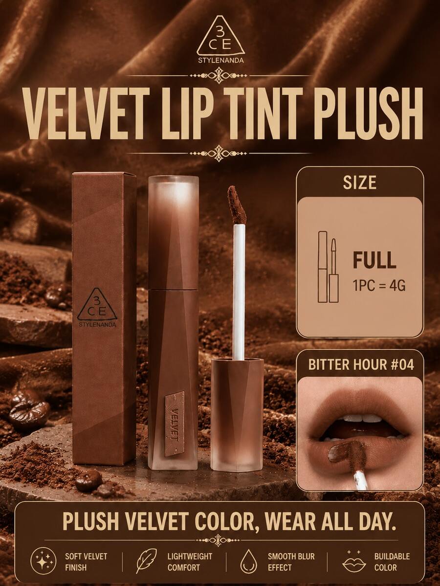 3CE Sanxi Jade Lip Glaze #04 Bitter Coffee 4g, Cool-Toned Brown Matte Texture, High Coverage For Lip Lines, Perfect For Olive Skin Tones