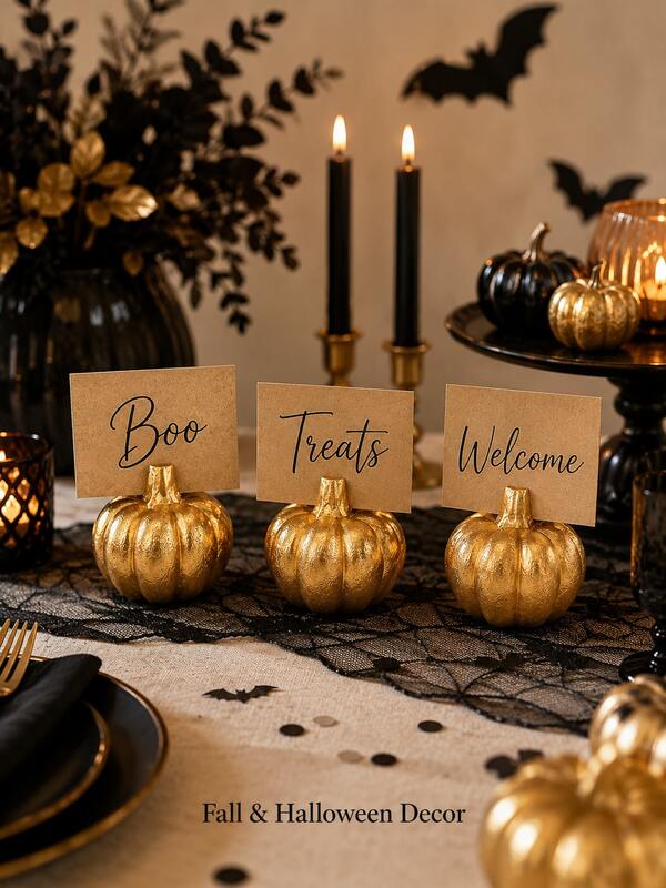 Set Of 2 Gold Pumpkin Place Card Holders, Decorative Fall Table Number Stands For Name Cards, Food Labels And Photos, Elegant Thanksgiving, Wedding, Autumn Party And Dinner Table Decor