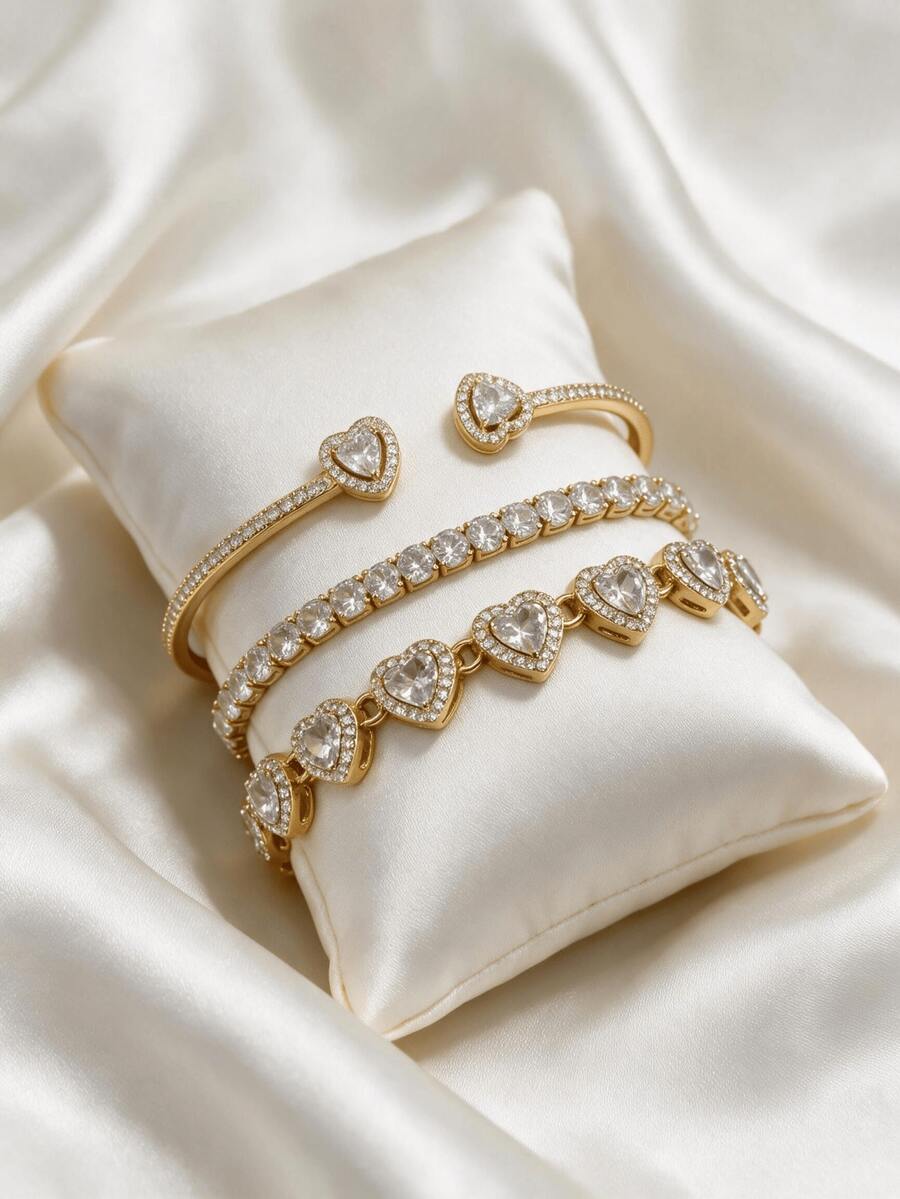 3pcs/1pc Premium Stainless Steel Diamond Heart Bracelet Set, Cubic Zirconia Open Bracelet, Fashion Women's Daily Wear, Holiday Gift Choice. - Gold - View 1