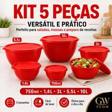 Kit Bowl 5 Peças com Tampa Bacia Plástica até 10 Litros Saladeira Grande Tigelas Multiuso para Cozinha Potes para Armazenar Alimentos Preparar Receitas Servir Saladas Frutas Massas Organizador de Cozinha Resistente Prático Empilhável Diversas Cores e tamanhos Excelente Qualidade Uso Diário Casa - Vermelho - Visão 4