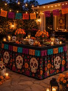1pc Day Of The Dead Table Skirt, Black Background With Colorful Sugar Skull, Marigold And Paper Cutout Patterns, Elastic Edge Full Coverage Tablecloth Decoration, Suitable For Dessert Table, Day Of The Dead Party, Halloween Decoration, Room Decoration And Home Decor - Multicolor - View 2