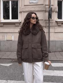 GDDYIN Women's Autumn New Fashionable Casual PU Leather Pilot Jacket With Detachable Fur Collar - Army Green - View 3