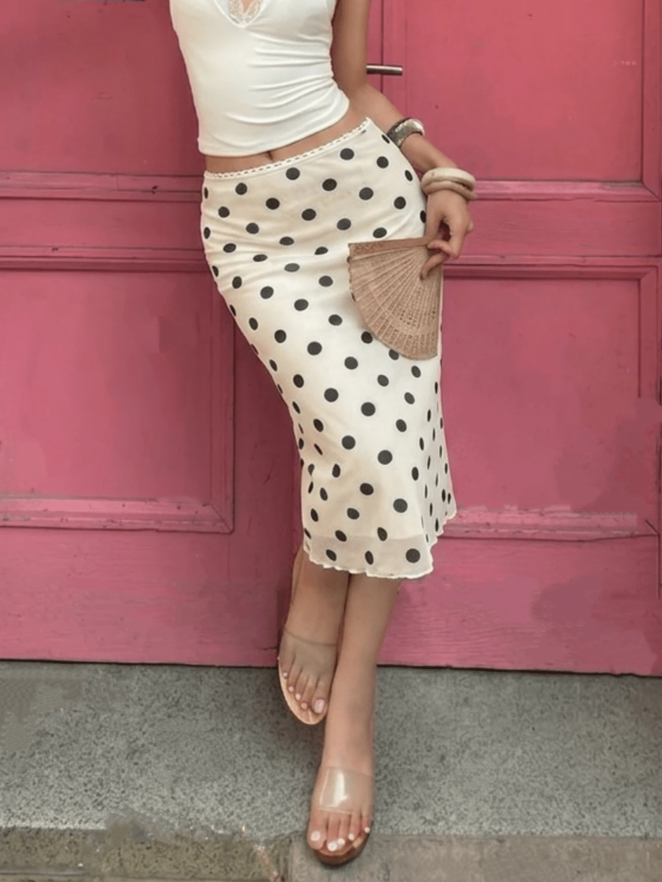 Buzzelle Polka Dot Print Dogtooth Frill Trim Double Layer Mesh Skirt, Fashion Casual Versatile - Apricot - View 1