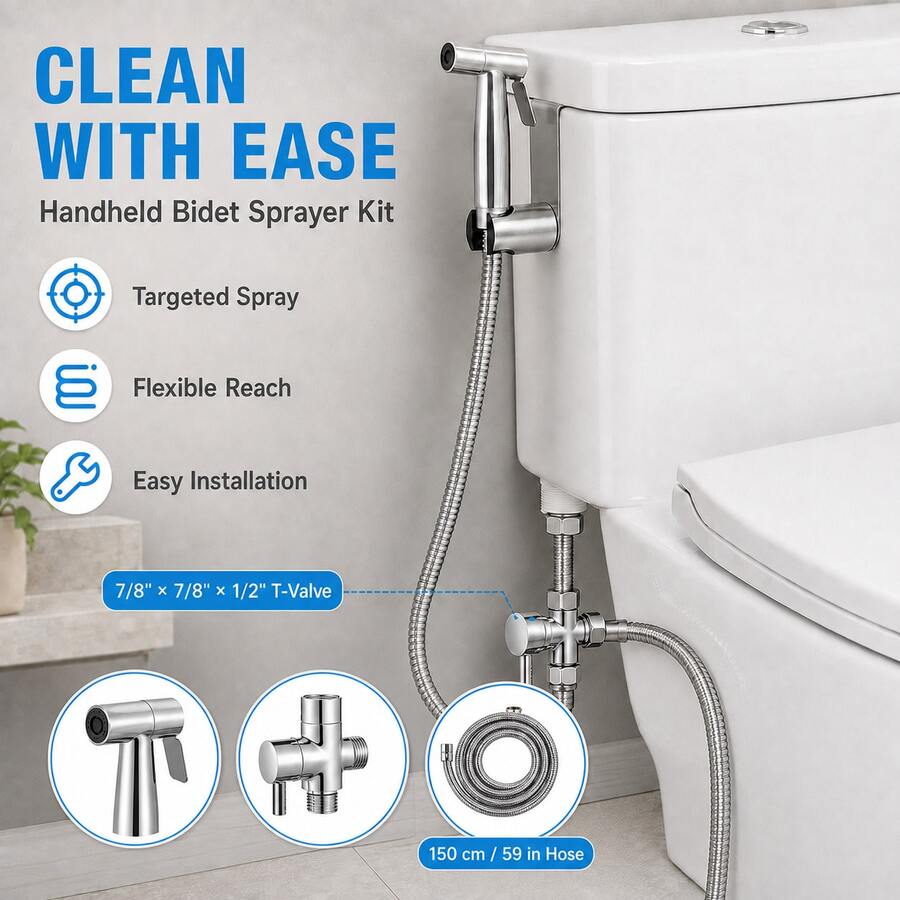 Stainless Steel Handheld Toilet Spray Gun Kit, Including Spray Gun, 59-Inch Hose, Tank Bracket, And 7/8-Inch Three-Way Valve Adapter. Easy Installation. Bathroom Cleaning Kit.