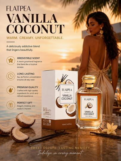 Parfum FLATPEA Vanilla Coconut 50ml, Aroma Tropis yang Hangat, Manis, dan Lembut, Botol Kaca Elegan, Aroma Vanila dan Kelapa, Cocok untuk Pemakaian Sehari-hari, Kencan, Liburan, dan Hadiah