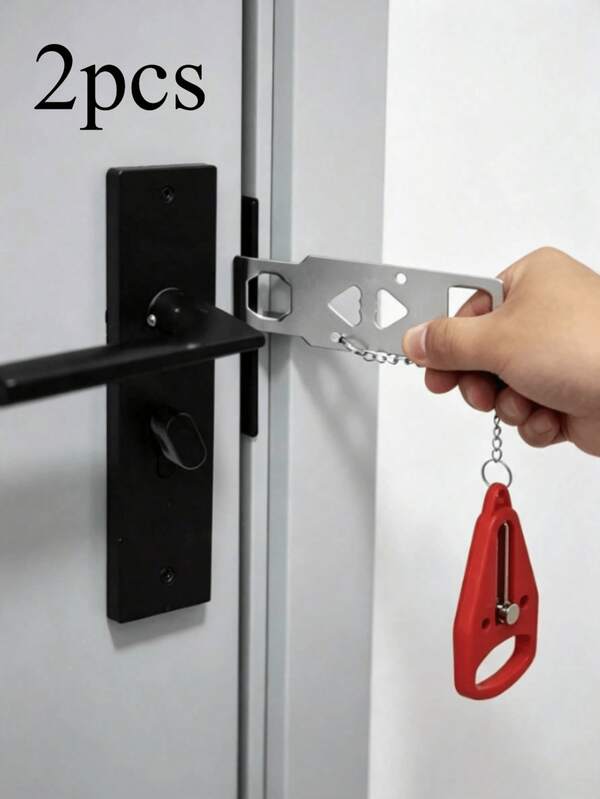 2 piezas Cerradura portátil sin taladro antirrobo para puerta, cerradura estable portátil para hotel y viajes, tope de puerta portátil antirrobo y antichoque - Diseño ligero y portátil, llévalo contigo, sin herramientas necesarias, sin daños a la puerta, bloqueo con un clic, operación sencilla, adecuado para viajes en hotel, habitaciones de invitados en casas de alquiler, apartamentos de alquiler, protección temporal de la puerta del dormitorio. Cerradura portátil antirrobo y protección temporal para puerta, tope de puerta silencioso antichoque sin instalación, hebilla de compacta invisible y versátil para decoración del hogar, cerradura de puerta de privacidad sencilla y práctica para decoración de la habitación, estilo aleatorio.