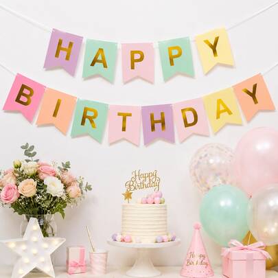 1 Set Happy Birthday Banner, Colorful Letter Garland With Gold Foil Letters, Pastel Birthday Party Decorations, Hanging Backdrop Decor For Girls Kids Adult Celebration