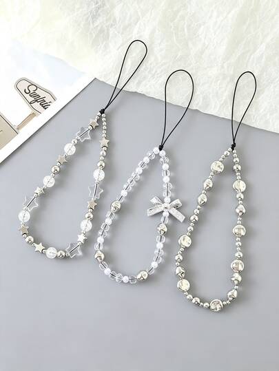 1pc Exquisite Silver Beaded Phone Charm Decorated With Transparent Crystals And Bows, Usable As Phone Lanyards And Bag Pendants, Versatile All-Match Accessories.