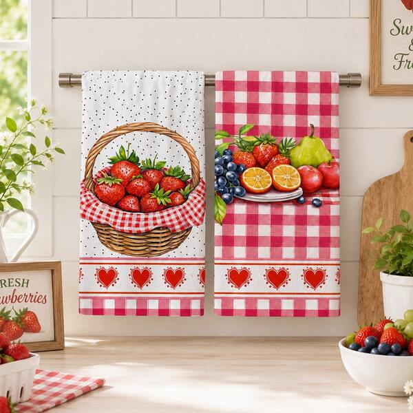 2pcs Strawberry Basket & Mixed Fruit Kitchen Towels, Red Plaid Heart Trim Farmhouse Style Decorative Hand Towels, Suitable For Kitchen, Dining Room And Home Decor