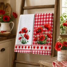 2pcs Red Poppy Kitchen Towels, Plaid And Polka Dot Floral Print With Heart Trim Hand Towels, Suitable For Kitchen, Oven Handles And Farmhouse Home Decor, Machine Washable Holiday Gift And Cleaning Supplies - Multicolor - View 3