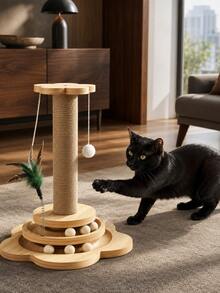 1pc 4-In-1 Natural Sisal Rope Cat Scratching Post With Sturdy Wooden Base, Modern Anti-Tip Cat Activity Center With Interactive Ball Track And Toys, Furniture Protector, Indoor Puzzle Toy For Kittens And Adult Cats - Multicolor - View 11