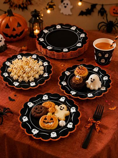 10/20/30/50/100pcs Halloween Paper Plates, 9/7 Inch Wavy Edge Ghost Print Round Dinner Plates, Black & Orange Spooky Ghost Decorative Paper Plates, Halloween Party Tableware Supplies, Suitable For Trick Or Treat, Halloween Dinner, Birthday Theme Party