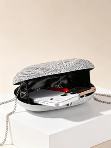 1件 NOCTURNE BAG2025 新款银色亮片双面水钻装饰手提包、托特包、手拿包，配金属链条肩带，优雅时尚，适合晚宴、婚礼、舞会等场合，女士礼物 - 銀色 - 查看 4