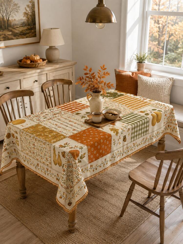 Autumn Country Plaid Patchwork Tablecloth, Thanksgiving Dining Table Decor Cloth, Pumpkin Leaf Plant Print Table Cover, Farmhouse Kitchen Home Decor, Vintage Pastoral Style Rectangular Tablecloth, Autumn Gathering Party Tabletop Decoration Supplies - Multicolor - View 11