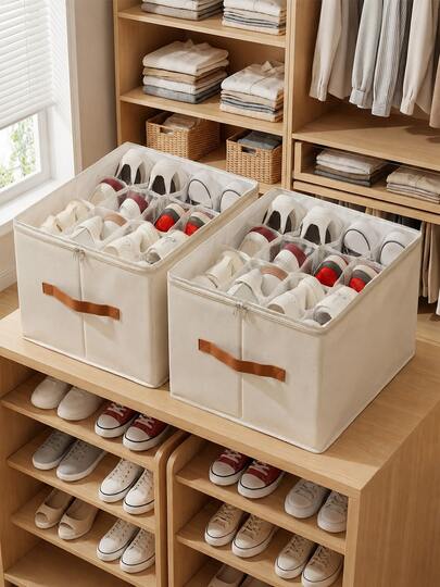 Shoe Storage Box With Fabric Organizer, Transparent Lid And Adjustable Dividers, Holds Up To 24 Pairs Of Shoes, Foldable Space-Saving Design, Suitable For Home Use, Practical Gift For Back To School Season