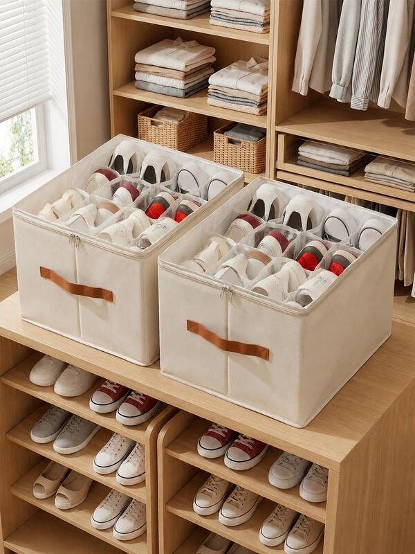 Caja de almacenamiento de zapatos con organizador de tela, tapa transparente y divisores ajustables. Puede contener hasta 24 pares de zapatos. Plegable y ahorra espacio, es perfecta para uso doméstico y es un regalo esencial para la temporada de vuelta a la escuela.