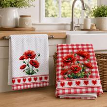 2pcs Red Poppy Kitchen Towels, Plaid And Polka Dot Floral Print With Heart Trim Hand Towels, Suitable For Kitchen, Oven Handles And Farmhouse Home Decor, Machine Washable Holiday Gift And Cleaning Supplies - Multicolor - View 4