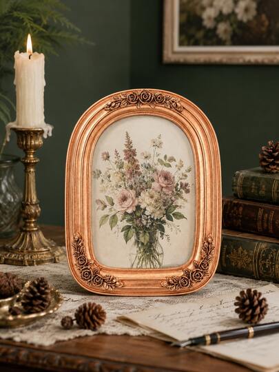 1pc Vintage Rose Gold Oval Photo Frame, Ornate Baroque Floral Resin Picture Frame, Antique Victorian Tabletop Photo Holder For Wedding, Family Portrait, Vanity, Bookshelf, Desk, Living Room And Bedroom Decor, French Country Housewarming Gift