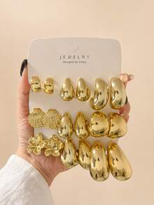 18/6pcs Creative Glossy Fashion Earrings, Bohemian, Shell, Flower, Water Drop Earrings Set Gold, Suitable For Daily Wear - Yellow Gold - View 1
